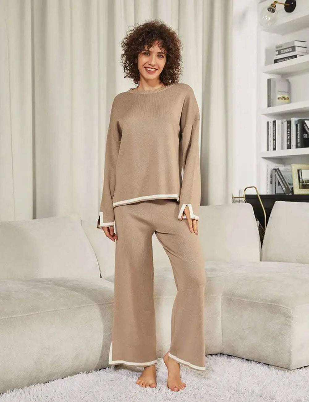 Ella Classy Elastic Gestricktes Lounge-Set S / Khaki Lange Mouw