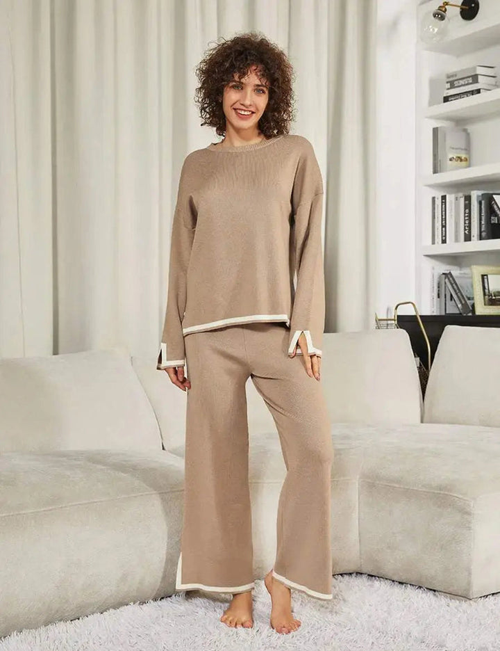 Ella Classy Elastic Gestricktes Lounge-Set S / Khaki Lange Mouw