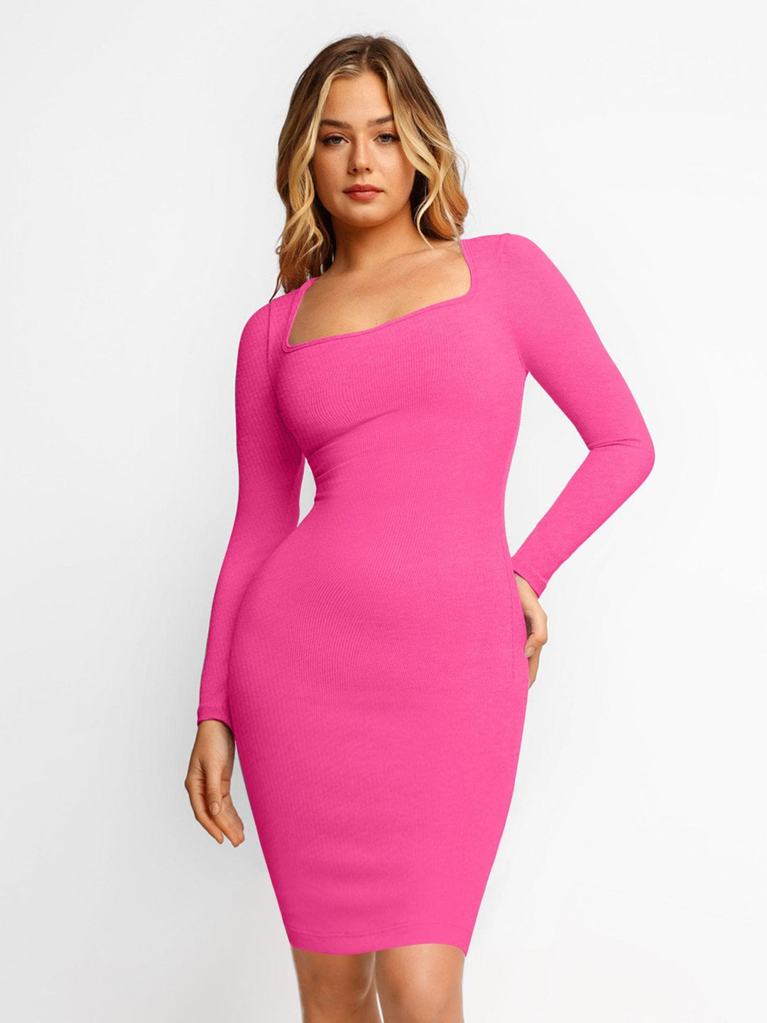 Pattys Ingebouwde Shapewear Jurk Midi-Jurk Met Lange Mouwen / Roze S