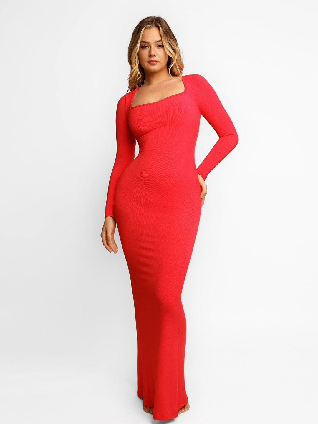 Pattys Ingebouwde Shapewear Jurk Maxi Jurk Lange Mouwen / Rood S