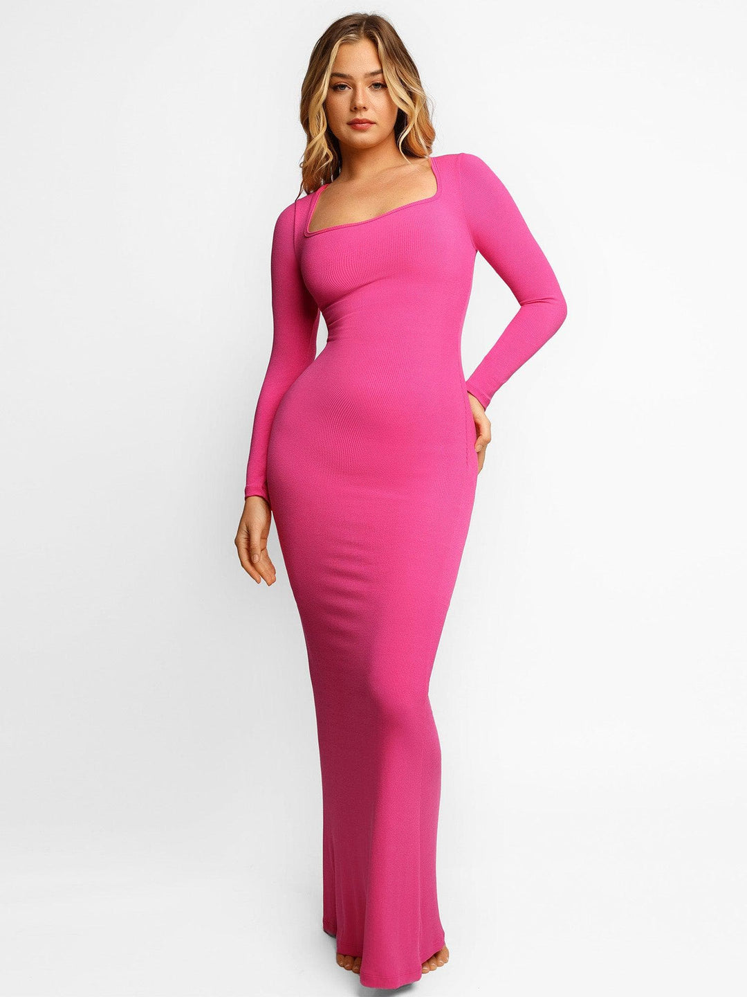 Pattys Ingebouwde Shapewear Jurk Maxi Jurk Lange Mouwen / Roze S